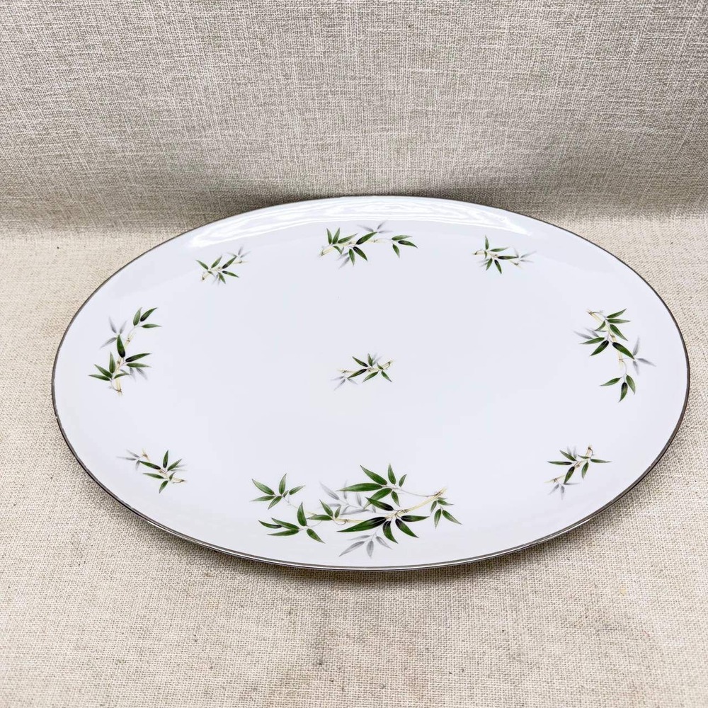 Wentworth China Bamboo 7703 Oval Serving Platter 16" Japan White Green Silver